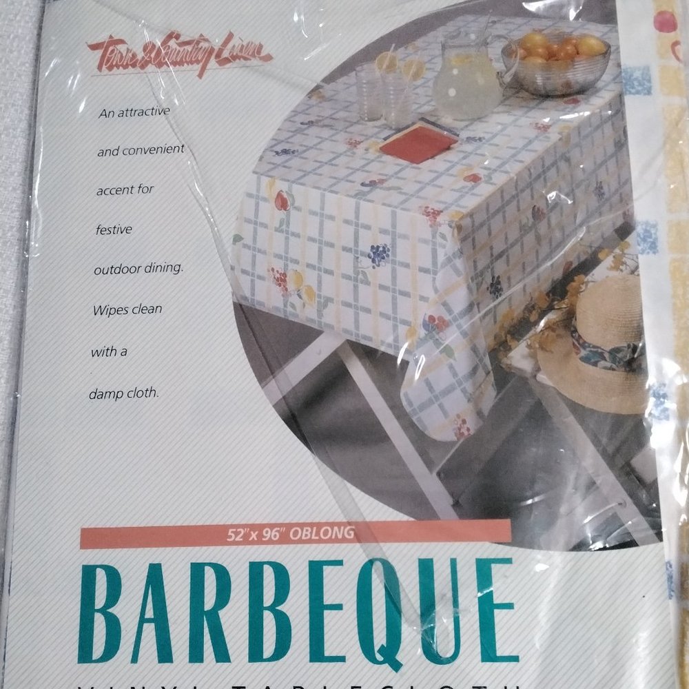 Town & Country Barbeque NEW Vinyl Tablecloth 52x96” Plaid Fruits Picnic Summer